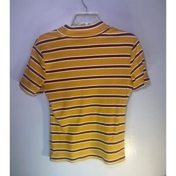 Striped Mustard Ribbed Short Sleeve Mock Neck Top Preppy Academia - Picture 2 of 5